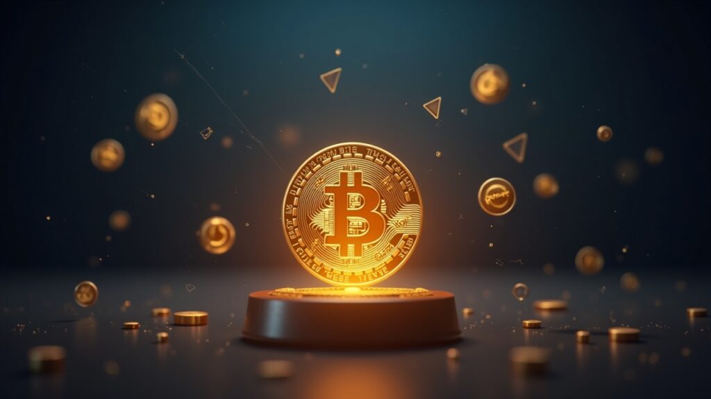 Disparo fotorrealista del centro de una moneda cripto brillante frente a un mazo con iconos de acciones tokenizadas y stablecoins.