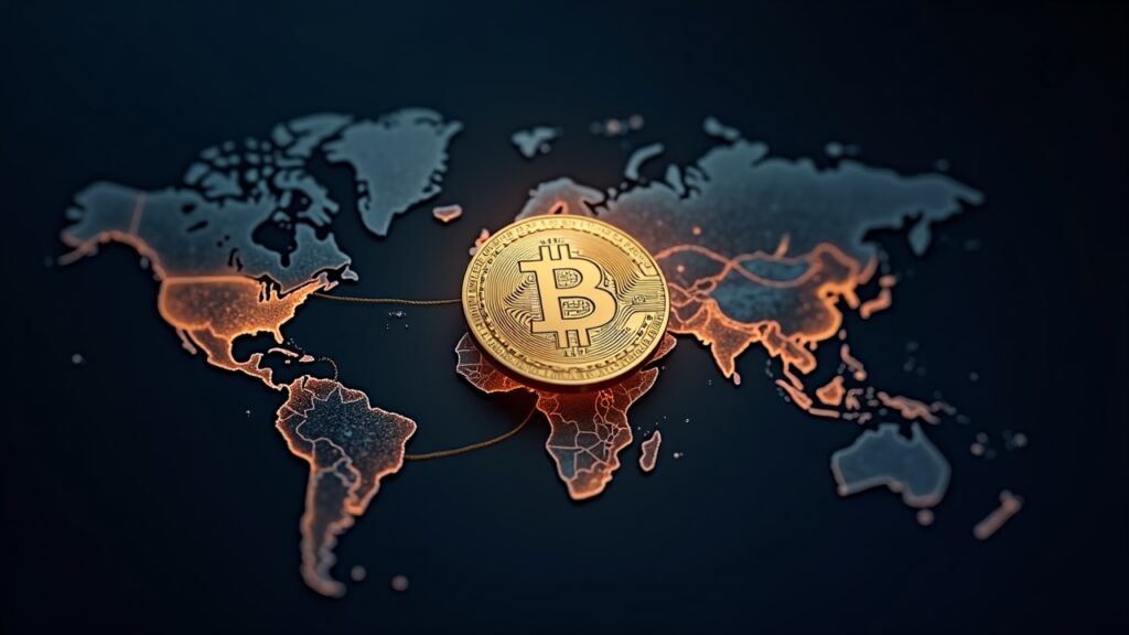 Ecosistema Bitcoin fotorrealista: token ctUSD respaldado por bonos del Tesoro, conectado mediante una malla ZK‑rollup con la insignia de MoonPay.