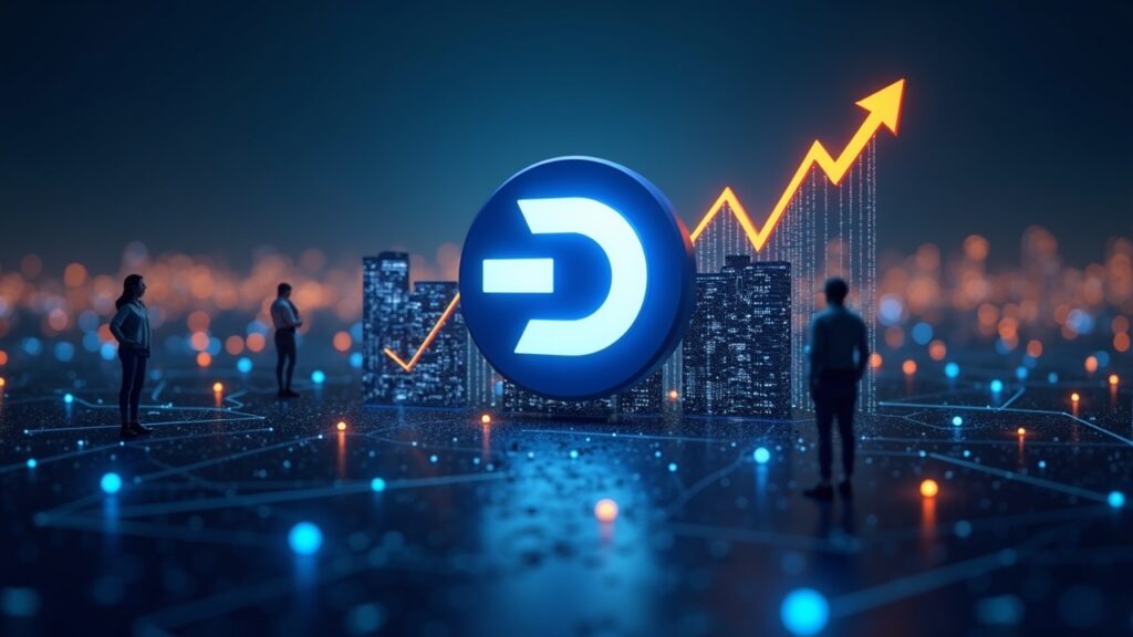 Dash se dispara un 102.5% en una semana Logo de Dash con gráfico ascendente, silueta de Monero desvaneciente, comerciantes aceptando Dash en una ciudad conectada, banner editorial de criptomonedas