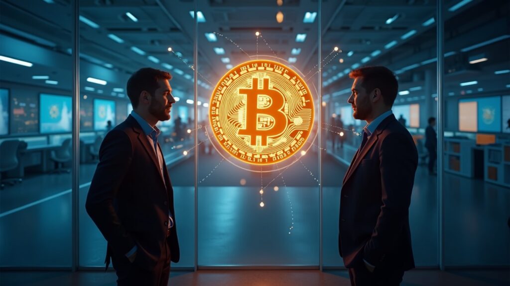 Dos figuras con traje se enfrentan junto a un símbolo de Bitcoin sobre vidrio, en una escena al estilo de una sala de redacción de Davos con líneas de red brillantes.
