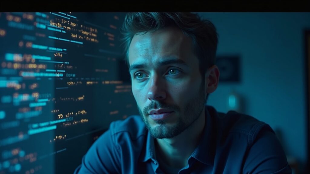 Profesional de criptomonedas fotorrealista en una videollamada, avatar de IA presente, interfaz de hacker y símbolos de cadena de bloques que indican riesgo de deepfake.