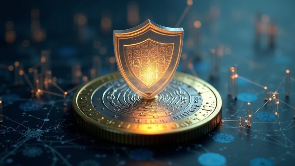 Moneda de euro realista con un escudo de privacidad translúcido, flujos de datos y un horizonte regulatorio.