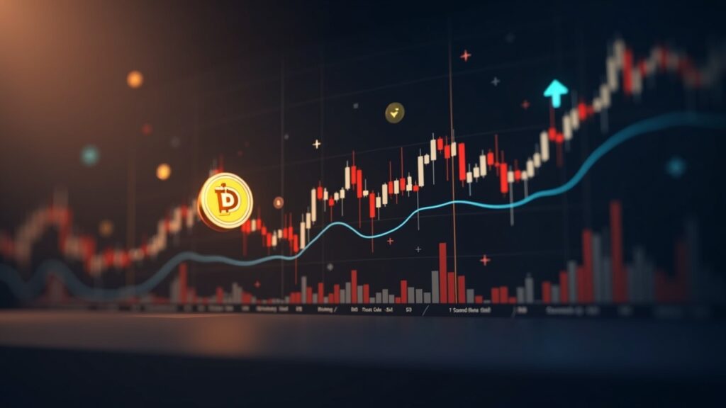 Dogecoin salta casi un 9% tras romper su tendencia bajista de varias semanas Escena fotorrealista de criptomonedas que muestra a Dogecoin rompiendo una tendencia bajista con alto volumen en un entorno de redacción elegante.