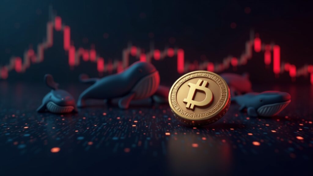 Dogecoin cae 2% hasta los $0.125 en medio de presión de liquidaciones sobre las memecoins Moneda Dogecoin fotorrealista sobre un gráfico de negociación digital con una flecha roja hacia abajo y siluetas de ballenas en iluminación de sala de redacción.