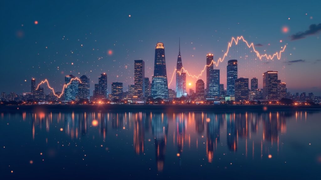 Encabezado fotorrealista: skyline de Amsterdam con una gráfica cripto ascendente, iconos de ETF/ETN y una insignia regulatoria central.