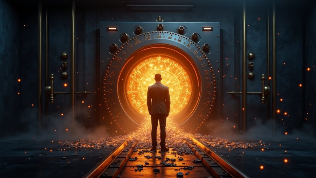 Comerciante cripto realista ante una bóveda de liquidez luminosa, capital fluyendo hacia canales centrados en la gobernanza.