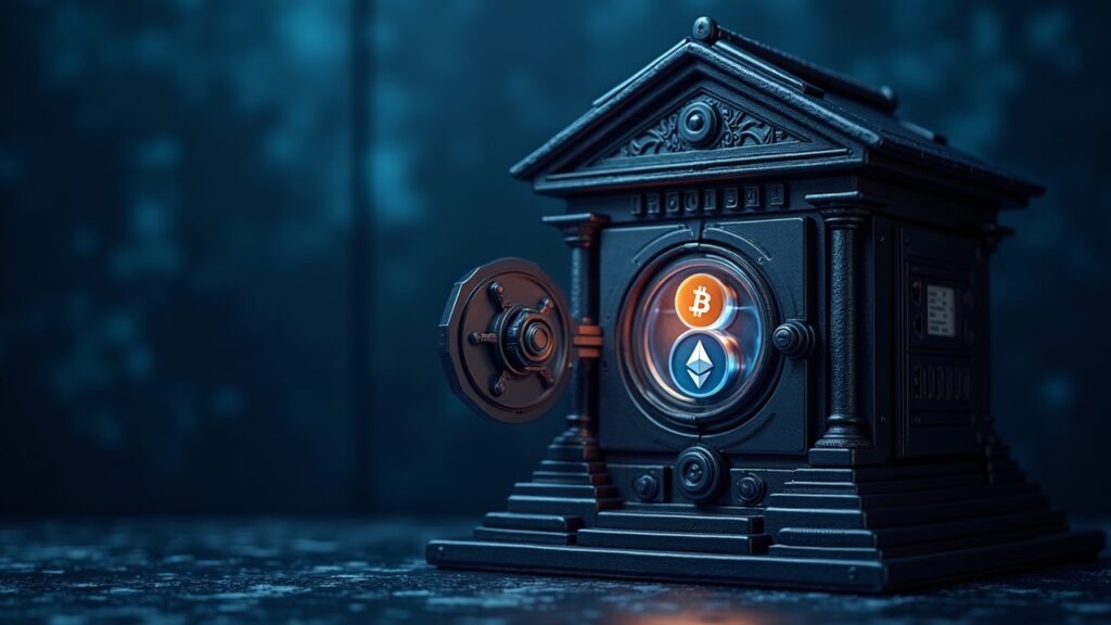 Fachada fotorrealista de un banco alemán fusionada con una interfaz de usuario de trading cripto futurista, bóveda que muestra BTC y ETH para acceso a meinKrypto.