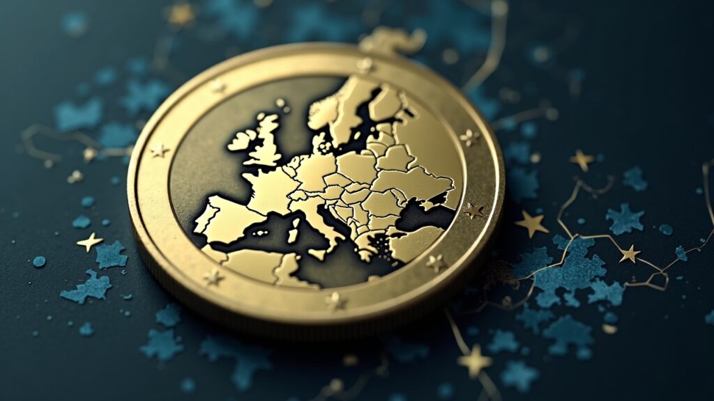 Moneda de euro fotorrealista centrada sobre un mapa de Europa con icono de pagos sin conexión y un escudo, indicando la privacidad y la soberanía del euro digital.