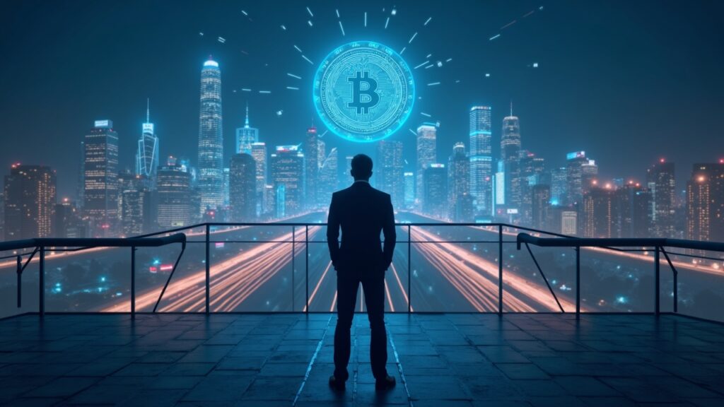 Ejecutivo bancario en el escenario frente a un horizonte urbano digital con raíles en cadena brillantes y un libro mayor de monedas estables