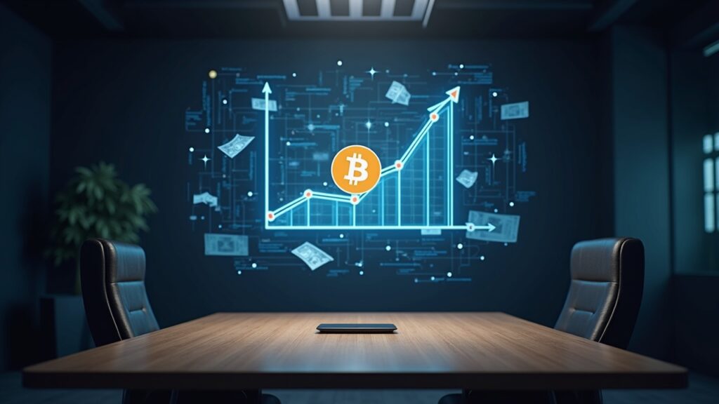 El nuevo plan de equidad de Strive para su estructura de convertibles Sala de juntas con un gráfico holográfico que convierte pagarés en capital perpetuo; el símbolo de Bitcoin flota arriba, señalando la disrupción cripto.