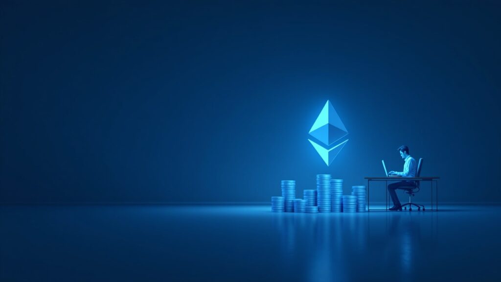 Encabezado hiperrealista que muestra a un operador en un escritorio elegante, el logo de Ethereum desvaneciéndose en bloques de staking y un gráfico de reservas de exchanges en disminución en azul.