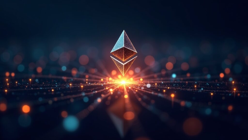 Encabezado fotorrealista: Logo de Ethereum elevándose sobre líneas de datos luminosas y direcciones en crecimiento con ambiente de sala de noticias de alta tecnología.