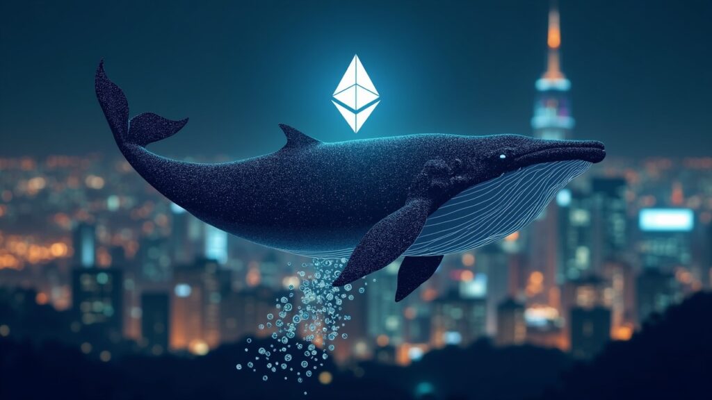 Ballena de Ethereum vende activos y logra ganancia masiva de 274 millones tras años Silueta fotorrealista de una ballena cripto sobre un paisaje urbano digital con el logotipo de ETH, monedas fluyendo hacia Bitstamp, señalando una salida estratégica en medio de inquietud.