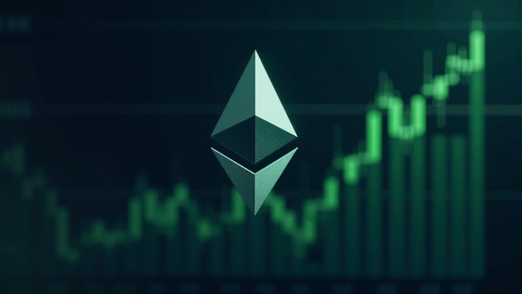 Logo fotorrealista de Ethereum sobre un gráfico de criptomonedas ascendente mostrando una ruptura de copa-y-asa con barras de volumen verdes