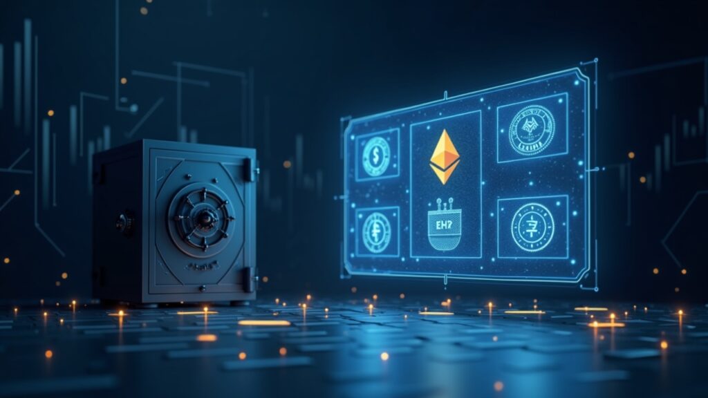 Escena fotorrealista de gobernanza de Ethereum DAO con una bóveda segura, símbolos ETH luminosos y un tablero holográfico de subvenciones.