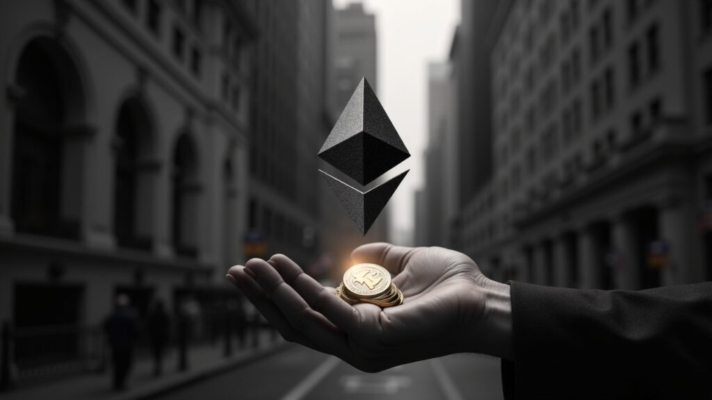 Grayscale declara el primer pago de staking de Ethereum para ETF cotizado en EE. UU. Escena central fotorrealista: logotipo de Ethereum recibiendo un token de pago luminoso, ticker ETHE visible, con el horizonte de Wall Street y la marca Grayscale.