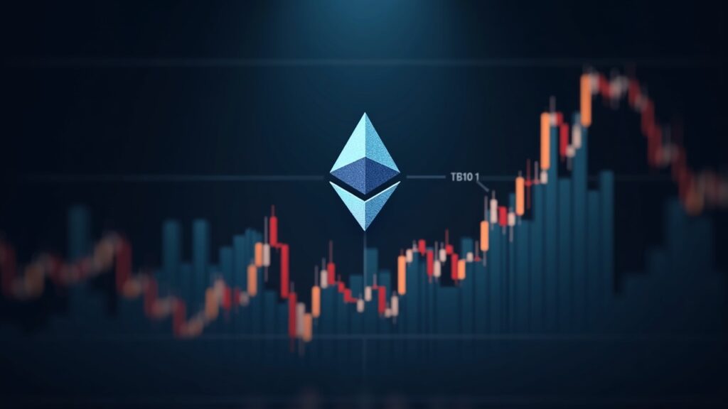 Imagen fotorrealista de Ethereum con gráfico de precio ascendente hacia $3k, barras de oferta superior 3,151–3,172, contexto regulatorio moderado.