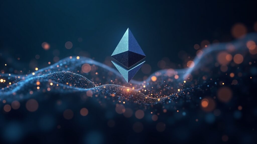 Logo de Ethereum en el centro con stablecoins brillantes fluyendo a través de un blockchain transparente, ilustrando la liquidez en cadena.