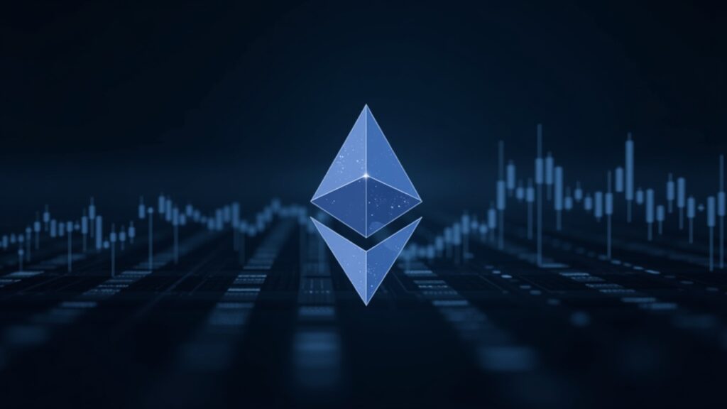 Logotipo de Ethereum centrado sobre un libro mayor digital con gráficos de cadena ascendentes y una cola de salida cercana a cero, señalando el crecimiento del staking