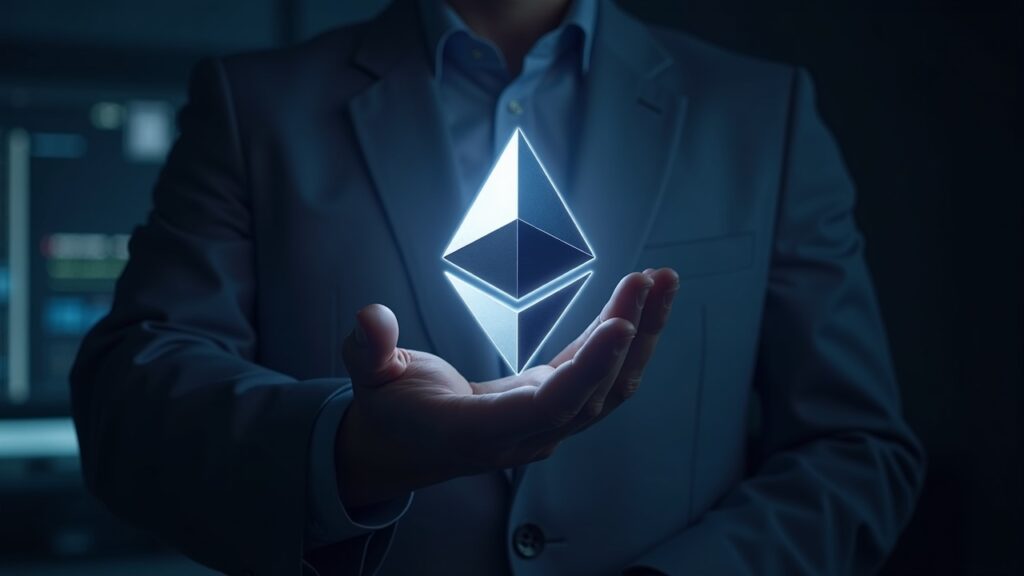 Vitalik Buterin revoluciona Ethereum mediante la tecnología de pruebas de conocimiento cero y autovalidación Escena fotorrealista de una sala de redacción con una figura central revelando un escudo ZK-SNARK brillante sobre el logotipo de Ethereum.