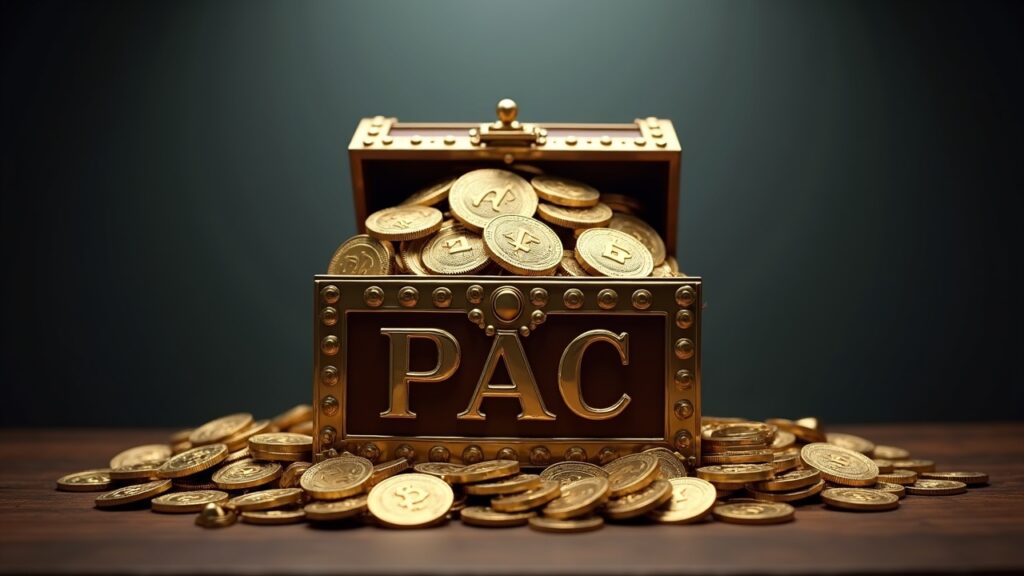 Escena fotorrealista de vestíbulo: un fondo de guerra de un PAC cripto rebosante de monedas y logotipos de cadena de bloques, que señala influencia regulatoria.