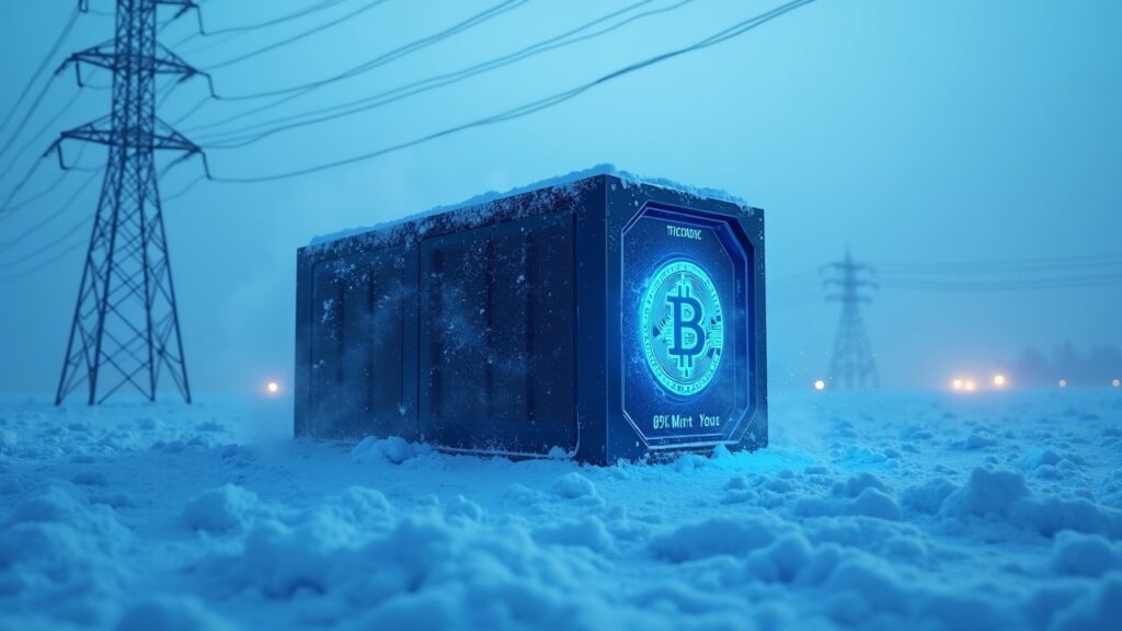 Equipo de minería de Bitcoin cubierto de nieve con un fondo de red eléctrica y superposiciones de datos azules que muestran una caída del 60% y bloques de 12 minutos.