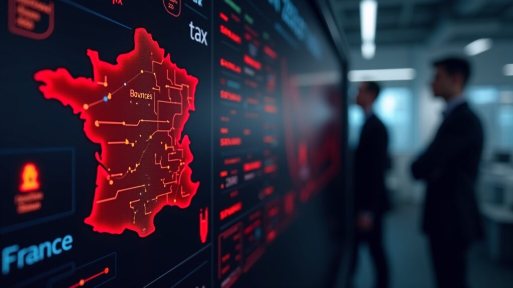 Las autoridades francesas investigan una fuga de datos en la plataforma de impuestos de criptomonedas Waltio Panel fiscal fotorrealista de criptomonedas con alertas rojas, un mapa de France iluminado y investigadores en el fondo.