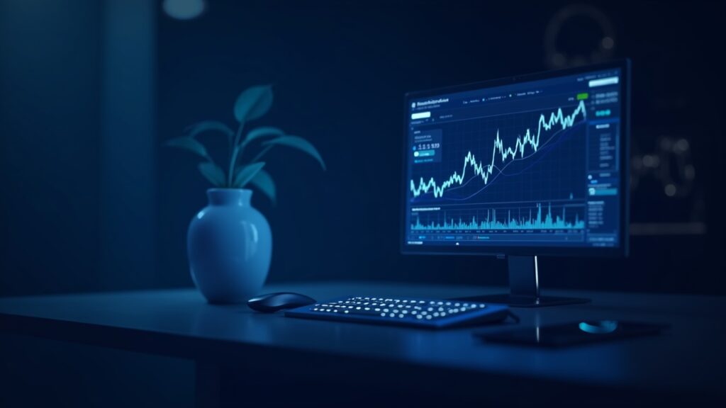 Encabezado fotorrealista de una mesa de operaciones de un fondo de cobertura cripto con BTC, ETH, SOL en las pantallas y un gráfico de cobertura.
