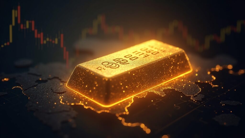 Lingote de oro fotorrealista envuelto por una malla luminosa de cadena de bloques y gráficos de precios holográficos con un globo, señalando mercados tokenizados institucionales.