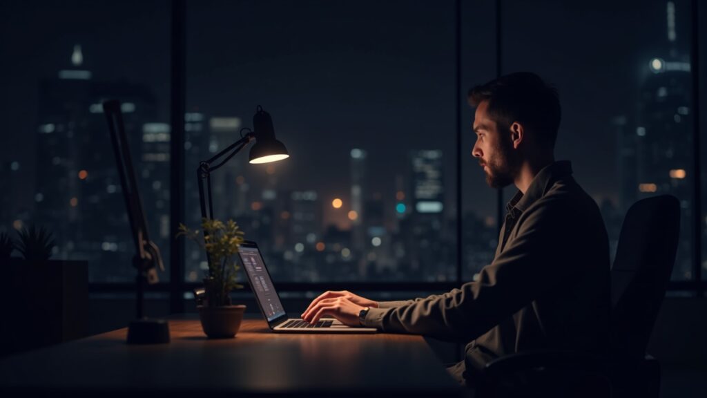 Comerciante fotorrealista en un escritorio elegante con los tokens USDT y POINTS brillando, transformándose en recompensas del ecosistema.