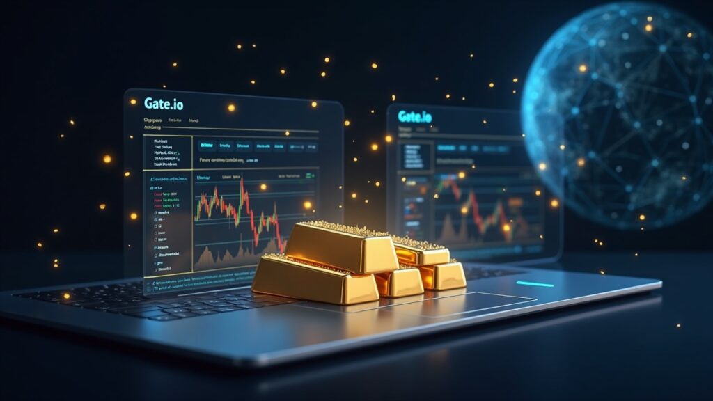 Escritorio de trading cripto fotorrealista con barras de oro y plata, pantallas, logotipo de Gate.io y un globo que simboliza mercados 24/7.