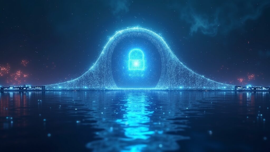 Bóveda fantasmagórica fotorrealista sobre un puente multicadena con tonos de Solana, simbolizando el DeFi de GhostSwap centrado en la privacidad y los intercambios atómicos.