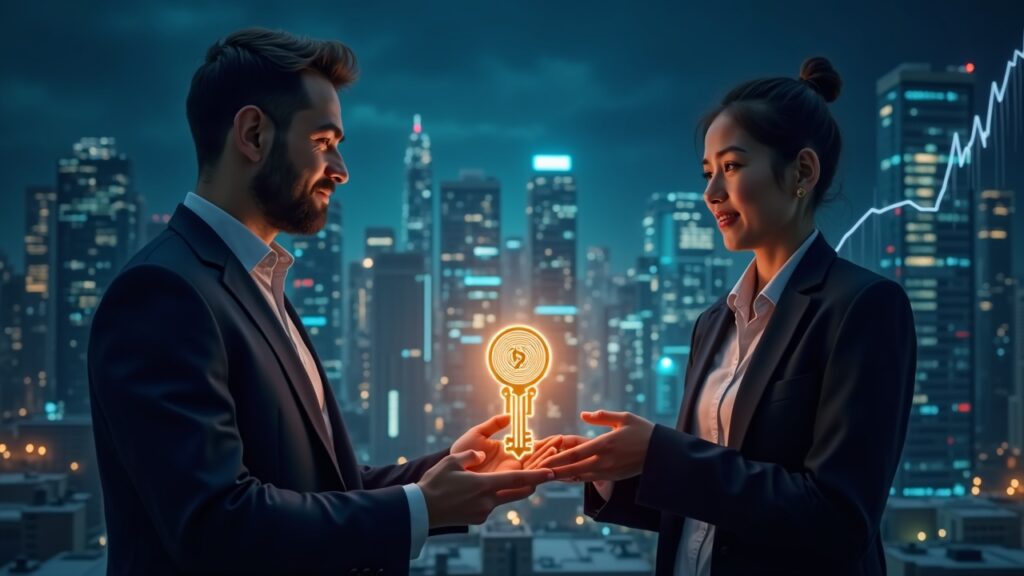 Un inversor joven recibe una llave cripto resplandeciente de un ejecutivo experimentado en medio de un paisaje urbano digital y glifos de monedas en ascenso.