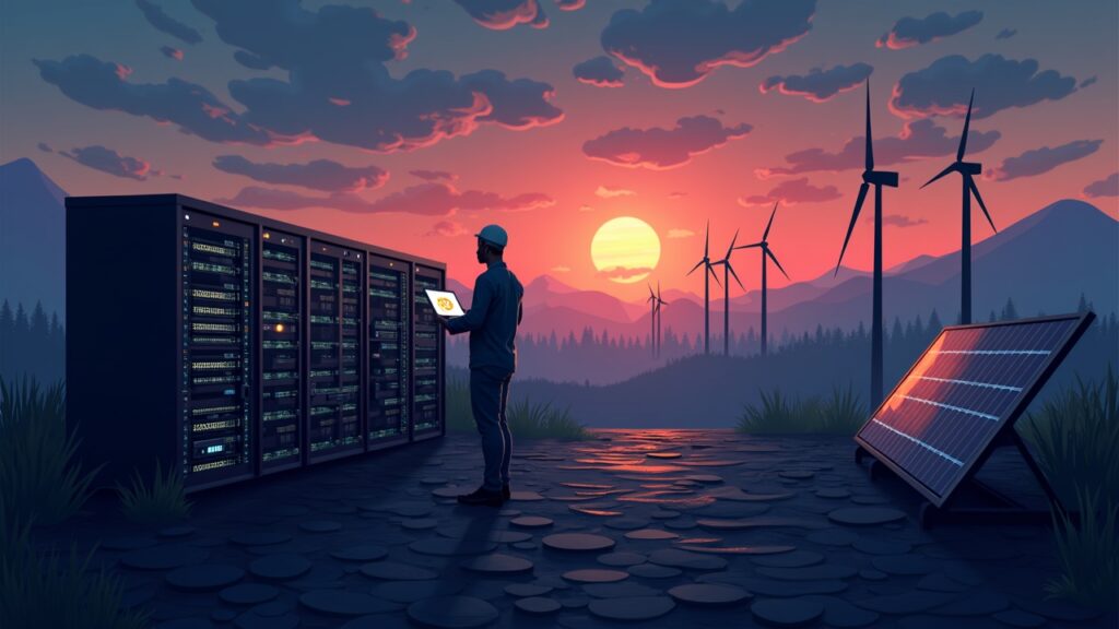Granja minera de bitcoin al atardecer con bastidores de servidores iluminados, un operador, un panel de control para equilibrar la red, aerogeneradores y paneles solares.