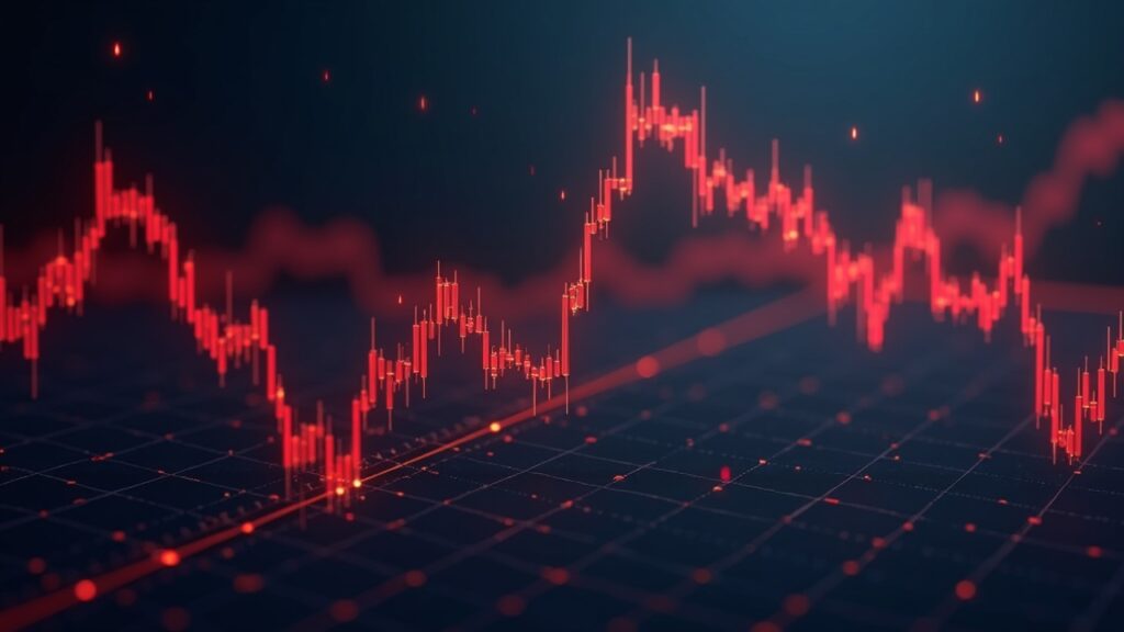 Línea de precio roja de HBAR cae sobre gráficos de entradas de ETF con una silueta institucional apagada en una cuadrícula de mercado digital.