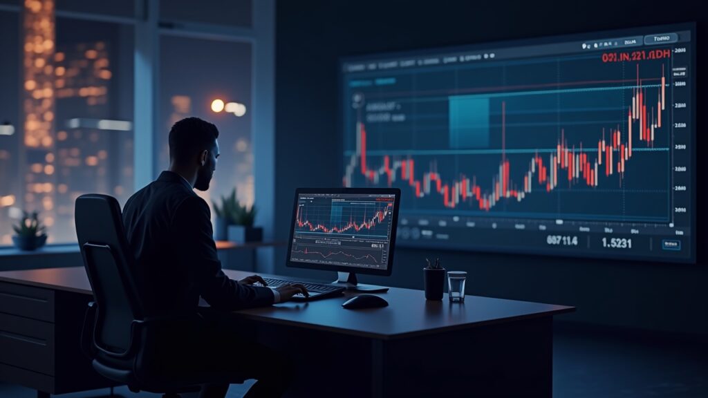 El precio de HBAR se aferra al soporte de $0.102 mientras métricas bajistas aumentan el riesgo de ruptura Escena realista de sala de prensa con un analista cripto y una gran pantalla que muestra a HBAR cerca de un soporte clave y un triángulo descendente rojo.