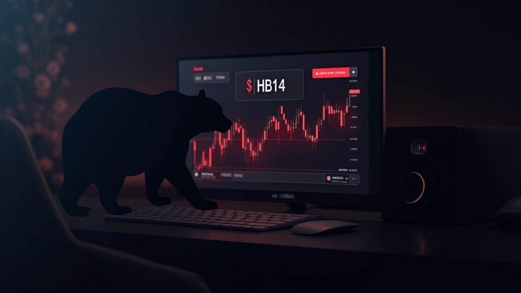 Hedera (HBAR): expertos señalan niveles muy altos de liquidaciones en corto Mesa de trading cripto fotorrealista con HBAR en $0.114, zonas rojas de liquidación de cortos y una silueta de oso