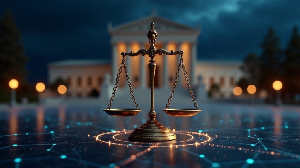 Justicia de EE. UU. decomisa 400 millones vinculados al mixer de Bitcoin Helix Balanza de la justicia sobre una red luminosa de cadena de bloques con un edificio judicial de fondo, que representa el caso Helix.