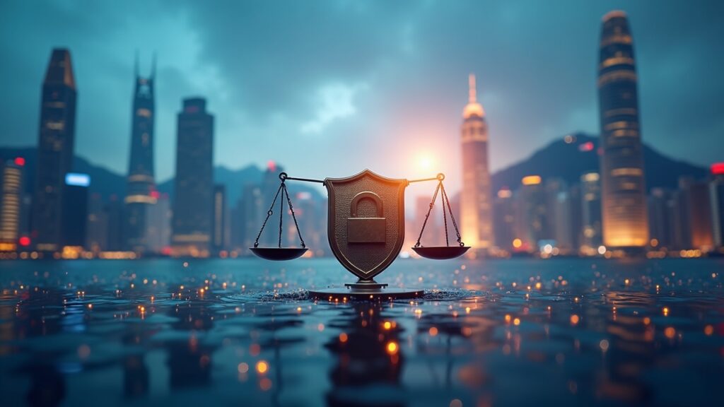 Fotorrealista horizonte de Hong Kong, datos en streaming, escudo de privacidad en conflicto con balanzas regulatorias junto a un líder en criptomonedas.