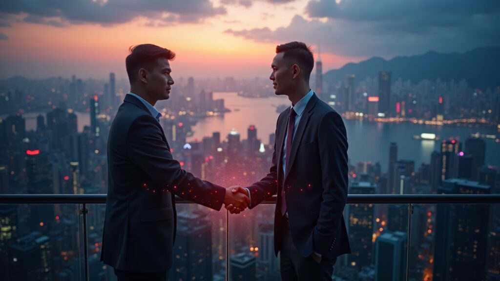 Horizonte de Hong Kong al anochecer; un operador de criptomonedas y un regulador se dan la mano sobre un libro mayor CARF brillante con flujos de datos API.
