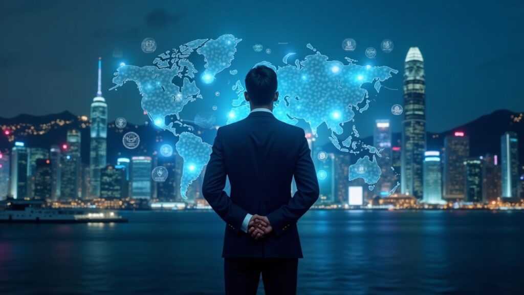 Figura fotorrealista con traje y un panel holográfico de criptomonedas, el skyline de Hong Kong y un fondo de Davos.