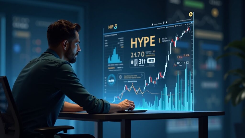 Comerciante de criptomonedas fotorrealista en un escritorio elegante con gráficos holográficos, un emblema HIP-3 y visuales de futuros de materias primas.