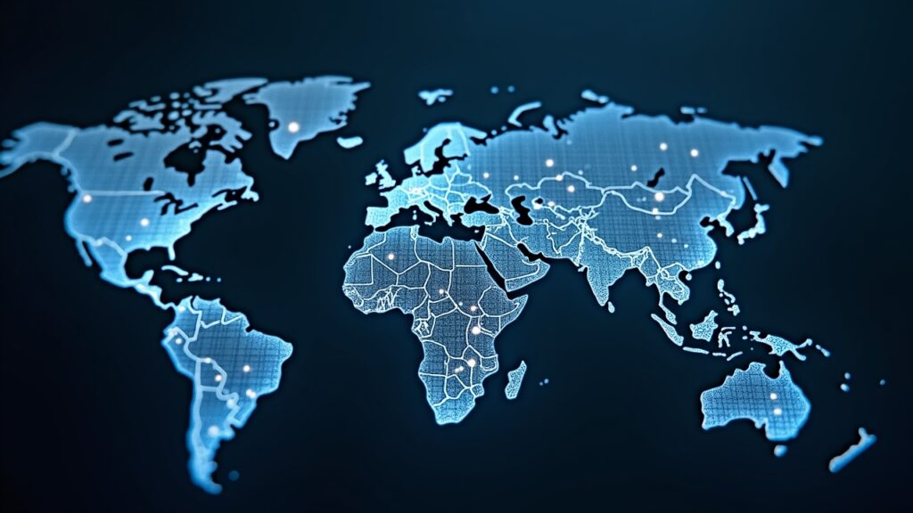 Mapa fotorrealista de India con cuadrícula de blockchain brillante, formularios fiscales y análisis de IA simbolizando la aplicación de criptomonedas.