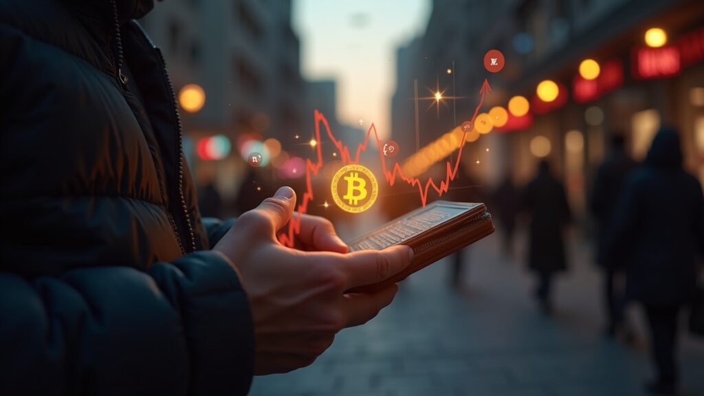 Calle de Tehran al anochecer con una persona usando una billetera de hardware, iconos de Bitcoin y un gráfico de devaluación del rial.