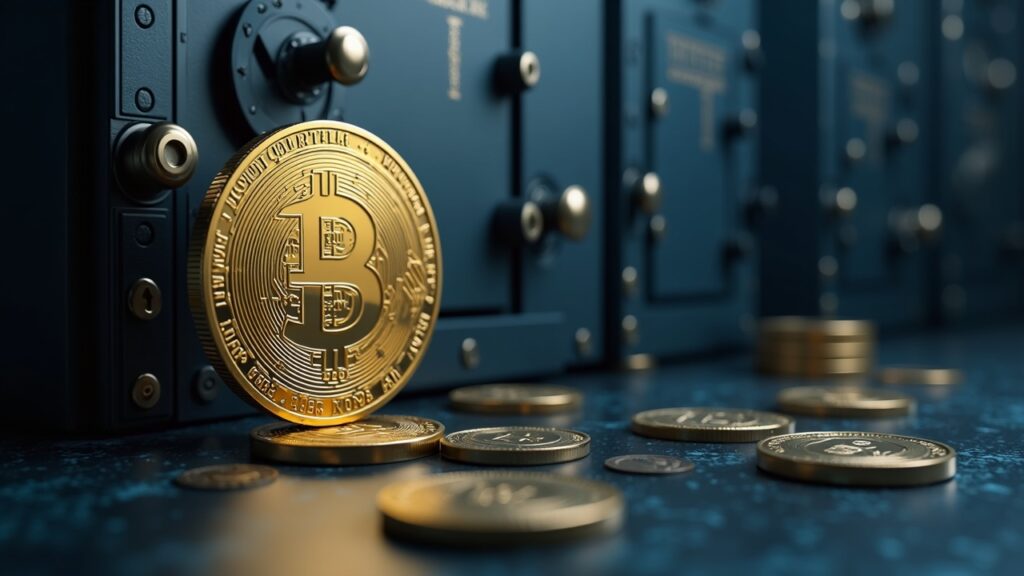 Encabezado fotorrealista: una moneda estable digital junto a una bóveda segura con pilas de bonos y símbolos de yen.