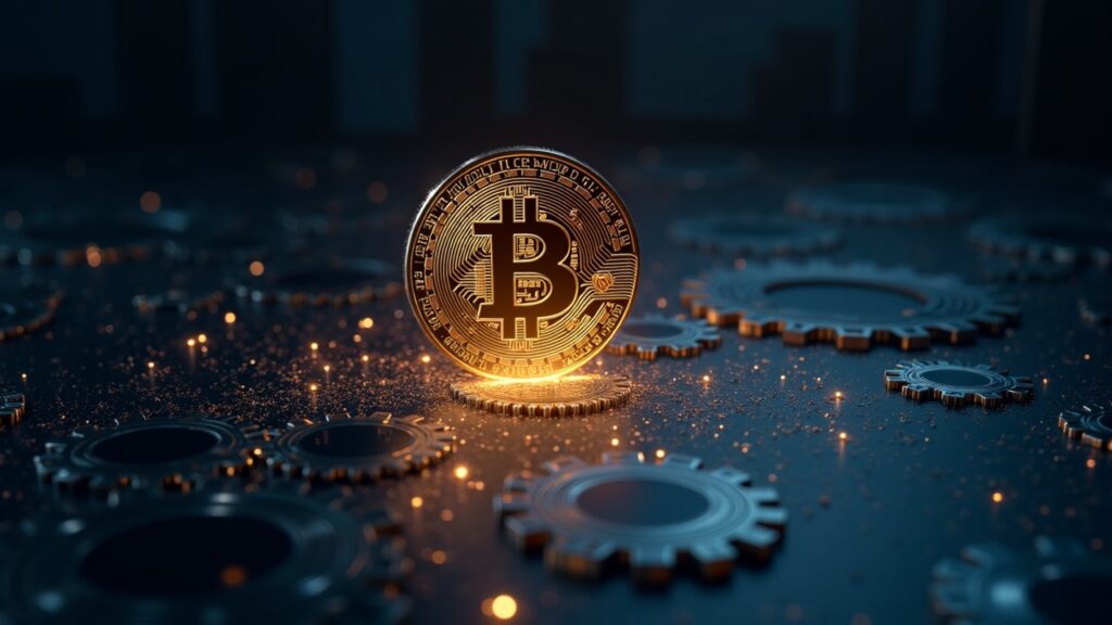 Escritorio fotorrealista con un holograma de Bitcoin que se desvanece y engranajes de ordenador cuántico amenazantes.