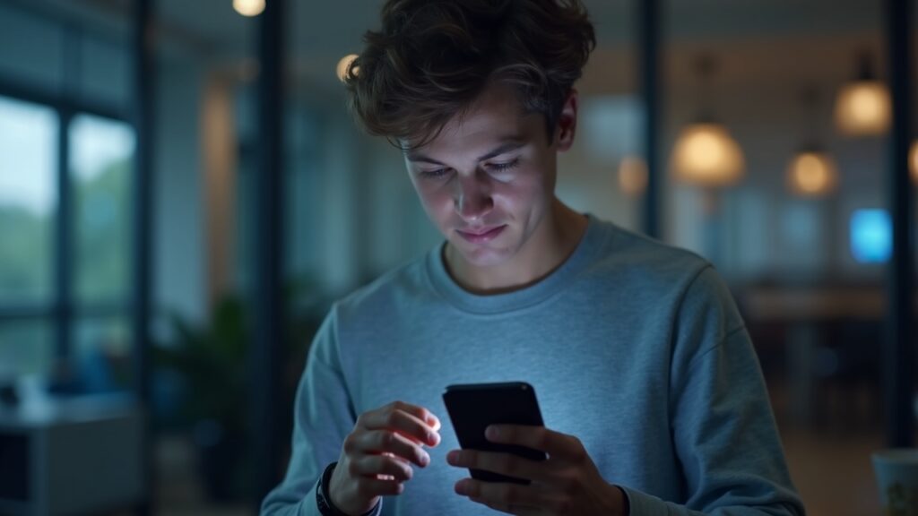 Retrato fotorrealista de un adulto joven usando una app de cripto en un smartphone, con un panel tecnológico y el vestíbulo de un banco de fondo.