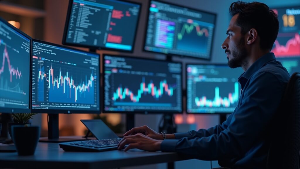 Los mercados de predicción alcanzan récord de 702 millones de dólares impulsados por el éxito de Kalshi Trader fotorrealista en un escritorio elegante con múltiples pantallas que muestran gráficos ascendentes de mercados de predicción y marca de Kalshi