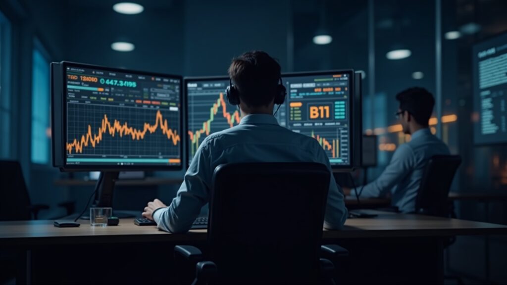 Sala de redacción fotorrealista con un operador concentrado, gráficos de Bitcoin brillando en las pantallas y una señal resaltada del Kimchi Premium en medio de entradas de ETF.