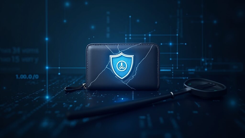 Billetera de hardware Ledger fotorrealista con un escudo agrietado, un ícono de phishing y una cuadrícula de cadena de bloques que señala el riesgo de una brecha de datos.